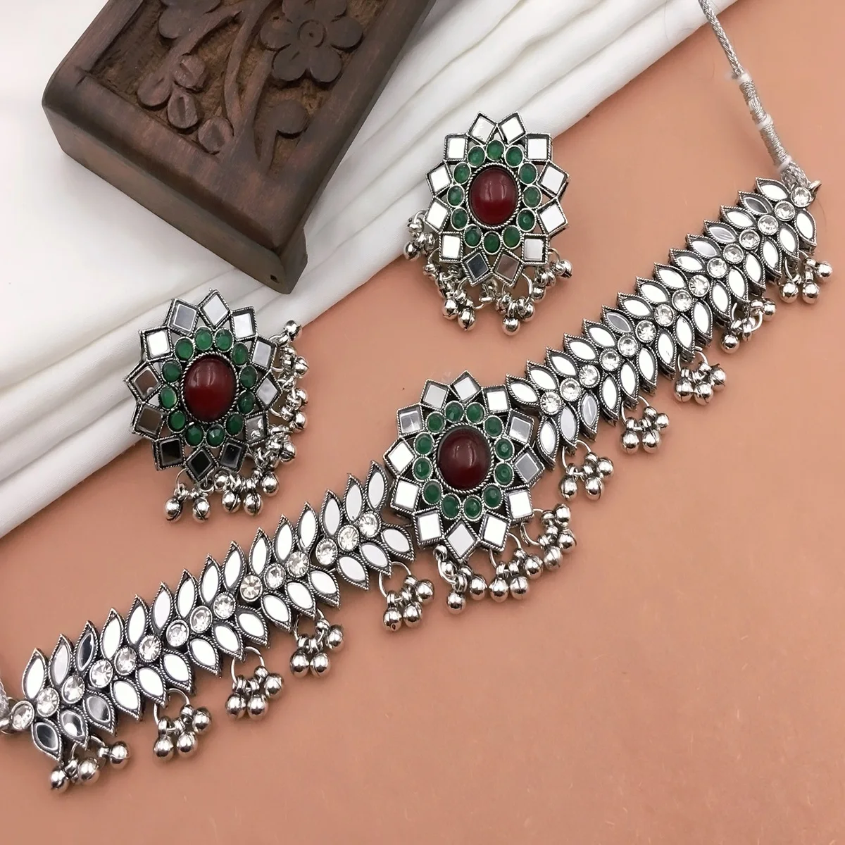 Indian Oxidized Jewellery Choker Necklace Traditional Jewellery Wedding Wear  and Bell Charms Dangle Earring For Women, Silver
