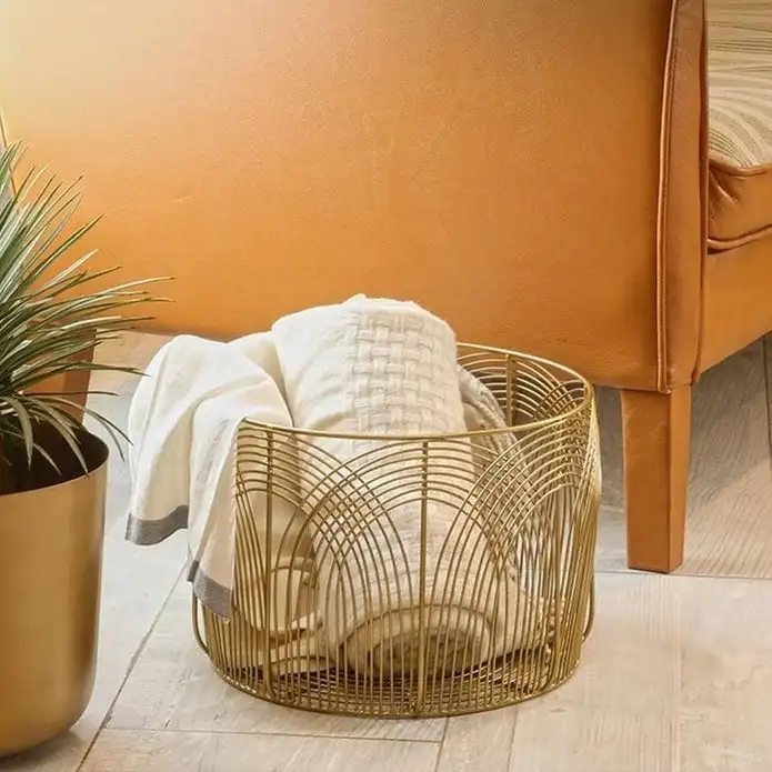 Stylish Golden Laundry Basket | Storage Basket For Bathroom & Bedroom, Farmhouse Style, Home Organizer Decorative Rustic Medium