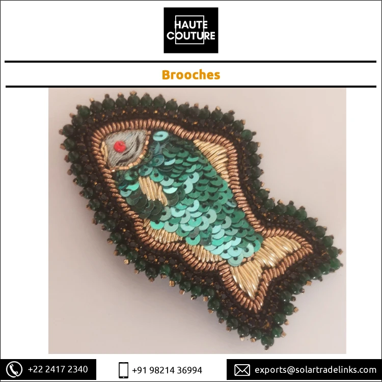 Custom Size Bullion Kora Thread Embroidered Handmade Sequins Miyuki Beads Made Fish Brooch at Reasonable Price