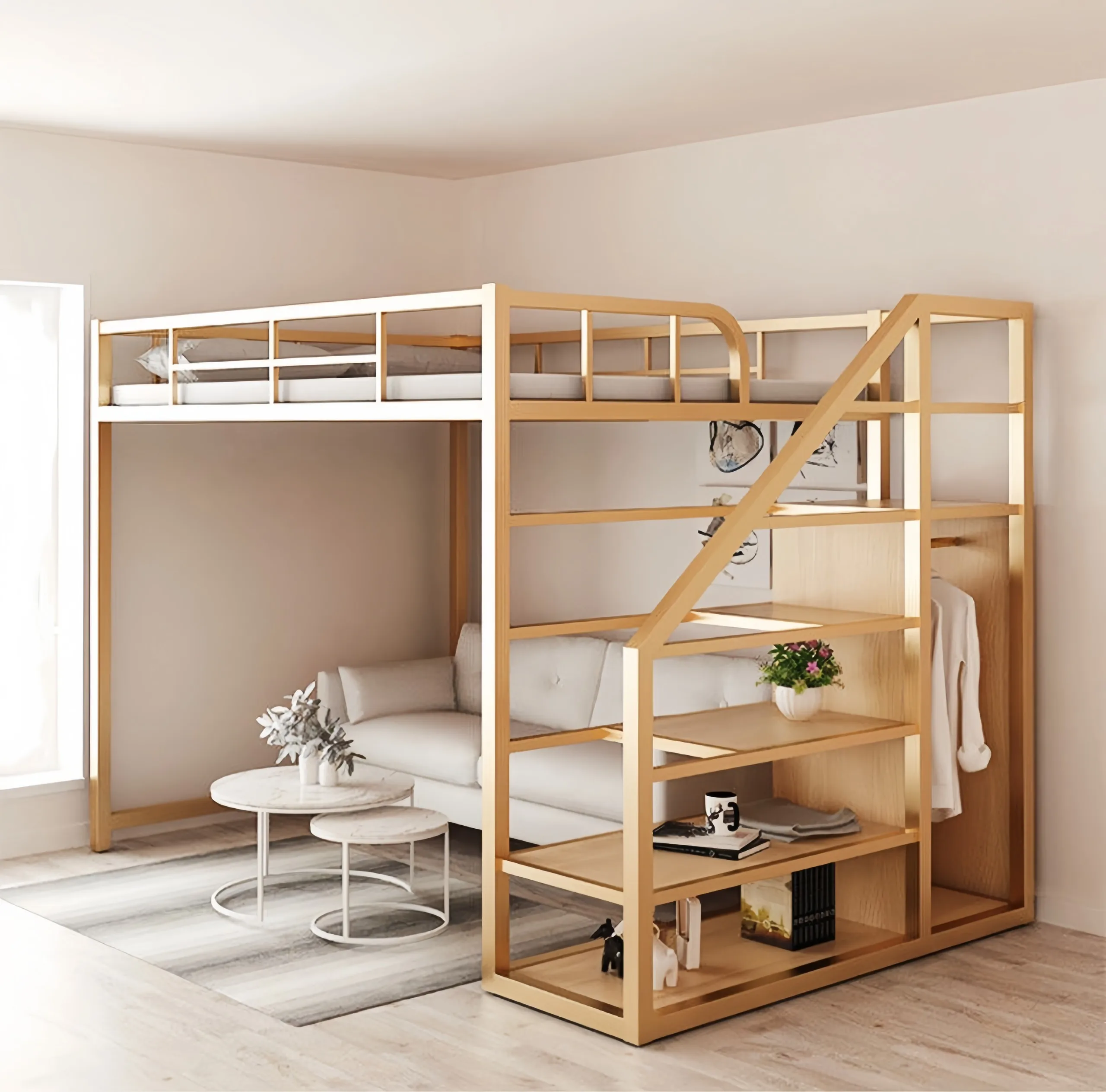 Space-Saving Indoor Home Furniture Luxury Design Stair Bed Bedroom Furniture Metal Frame Bed With Spare Space For Sofa