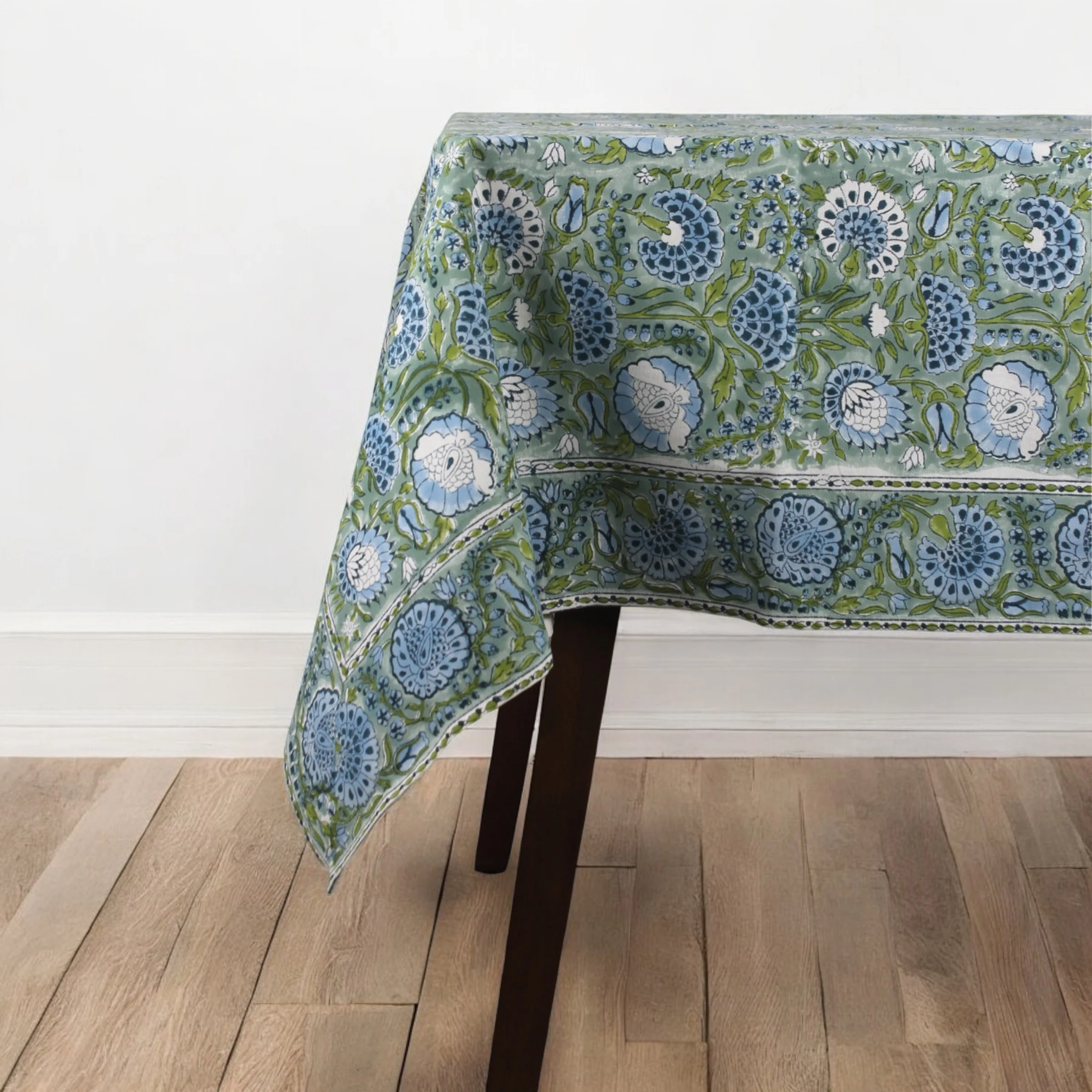 Green Floral Indian Cotton Canvas Hand Block Printed Table Cloth  6 seater and 8 seater Durable hand block printed table cover