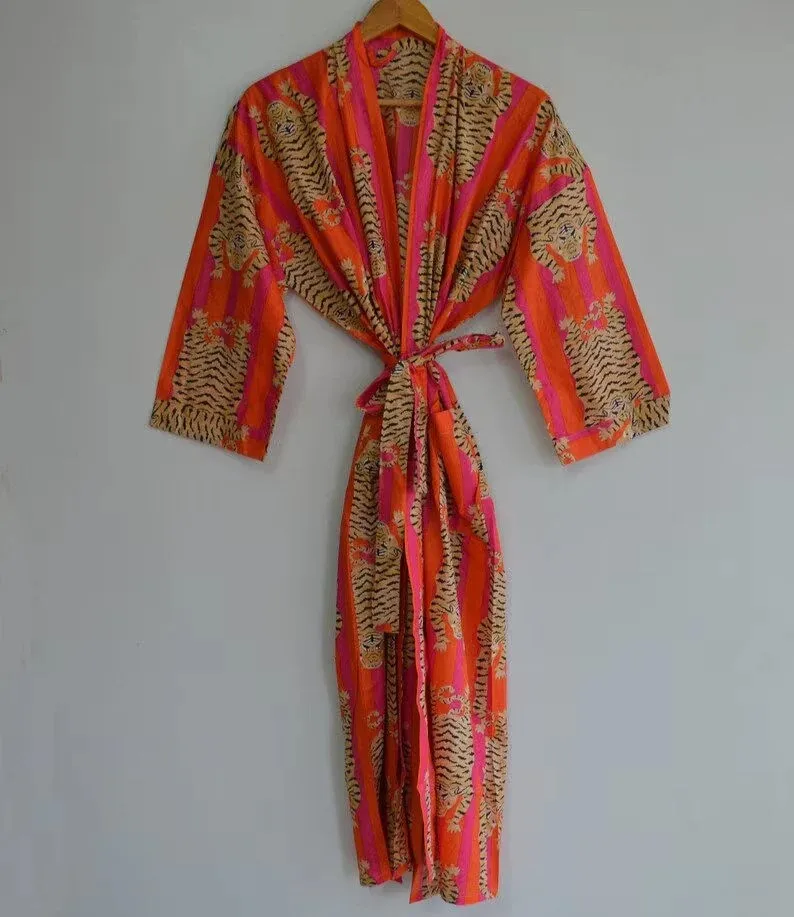 New Tiger Print Luxury Kimono Robe  Unisex Boho Kimono Robe 100% Cotton Kimono Robe Beach Cover Up Bridesmaid Gown Gift for Her