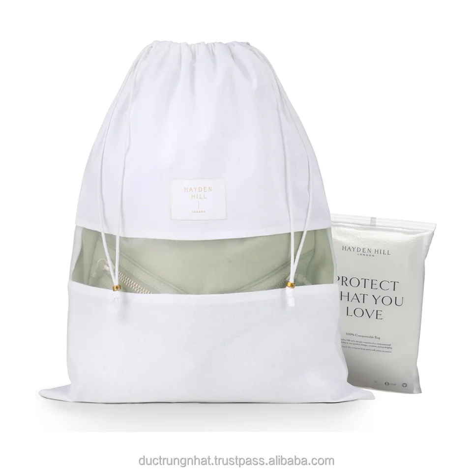 Custom Logo Printed Cotton Muslin Double Shopping Storage Canvas Drawstring Pouch Dust Bag for Shoe, Handbag, Cloths