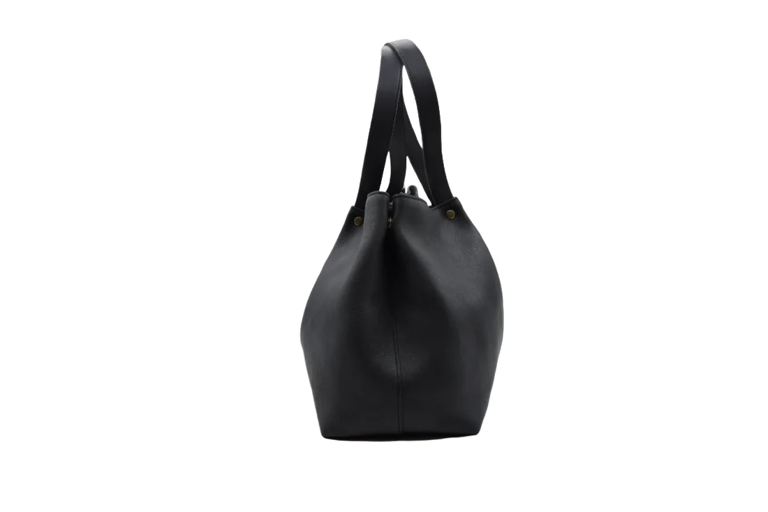 Customised Vintage Genuine Leather Black Tote Bag Women Hobo Office Travel Ladies Purse Two Handles Button Featuring