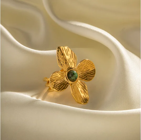 Waterproof Non-fade Lusterless Four Petal Flower Exaggerated Set African Turquoise Open Ring