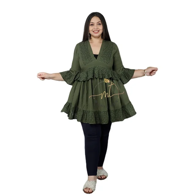Fashion Women Casual Dress Empire Waist Plunging Neck Embroidery Work Flounce Sleeve Short Dress 100%Cotton Azo Free OEM