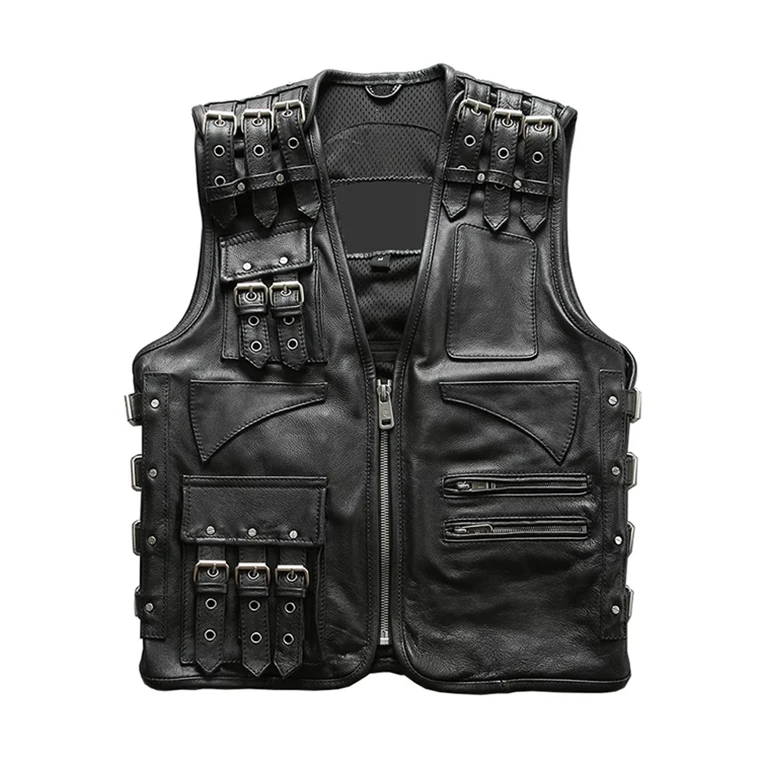 2024 New Men Black Motorcycle Leather Jacket Vest Fashionable Multiple adjustable shoulder straps and belts Biker Vest