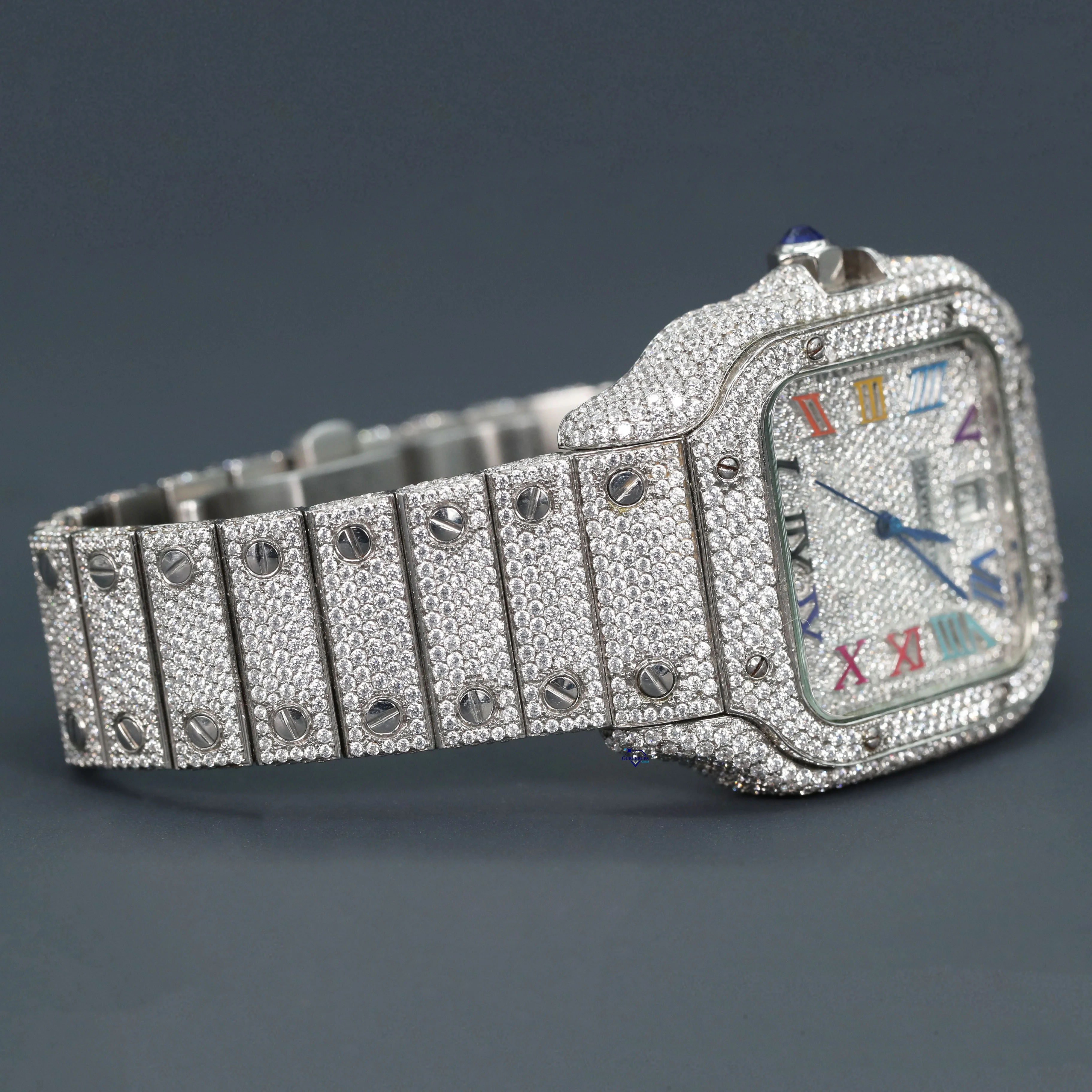 An elegant fusion moissanite diamonds meet a timeless Roman numeral dial in this captivating timepiece a nod to classic design
