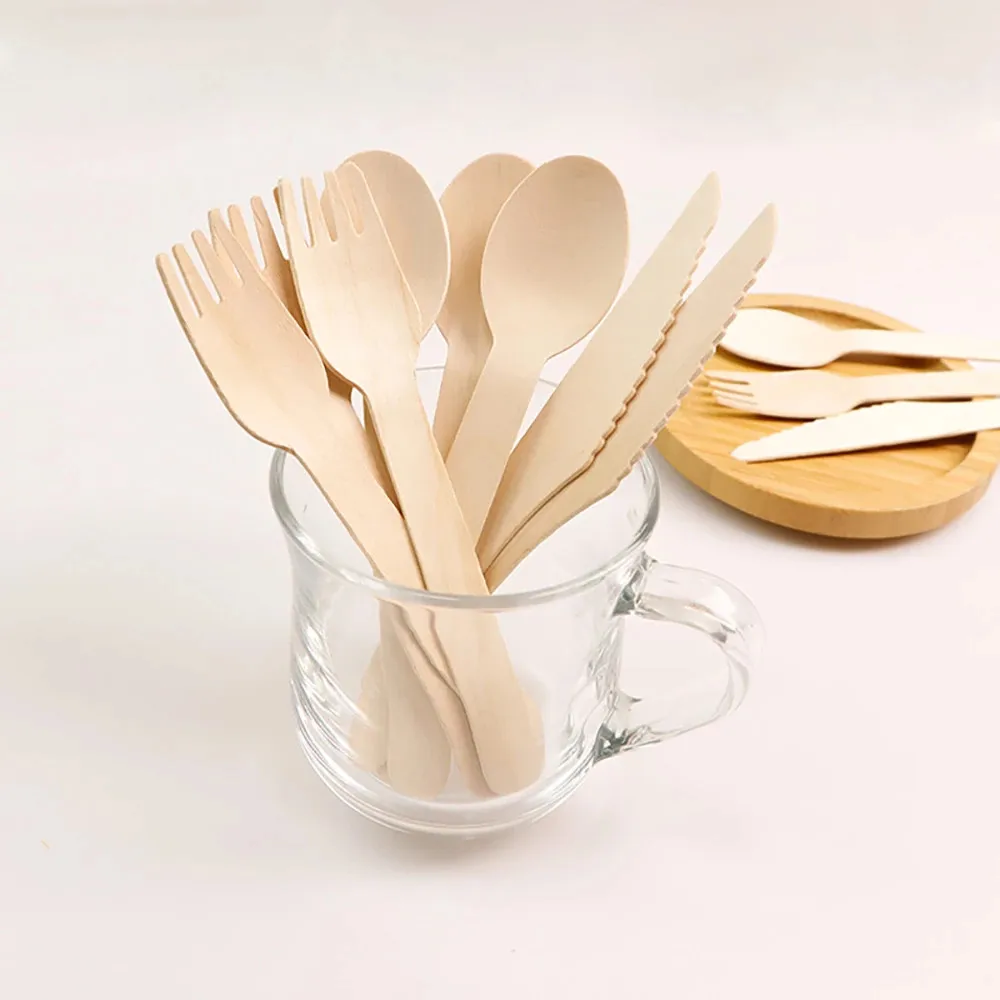 Compostable spoons wood forks disposable knife wooden cutlery set high quality fork and spoon single use