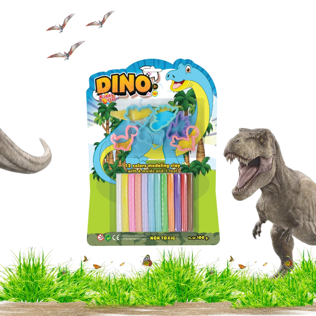 KIDDY CLAY 100G DIY Dino Toy Modeling Set 4 12 Colors Soft Resin Clay with Dino Clay Cutter 1 Roller Blister Card Non-Toxic