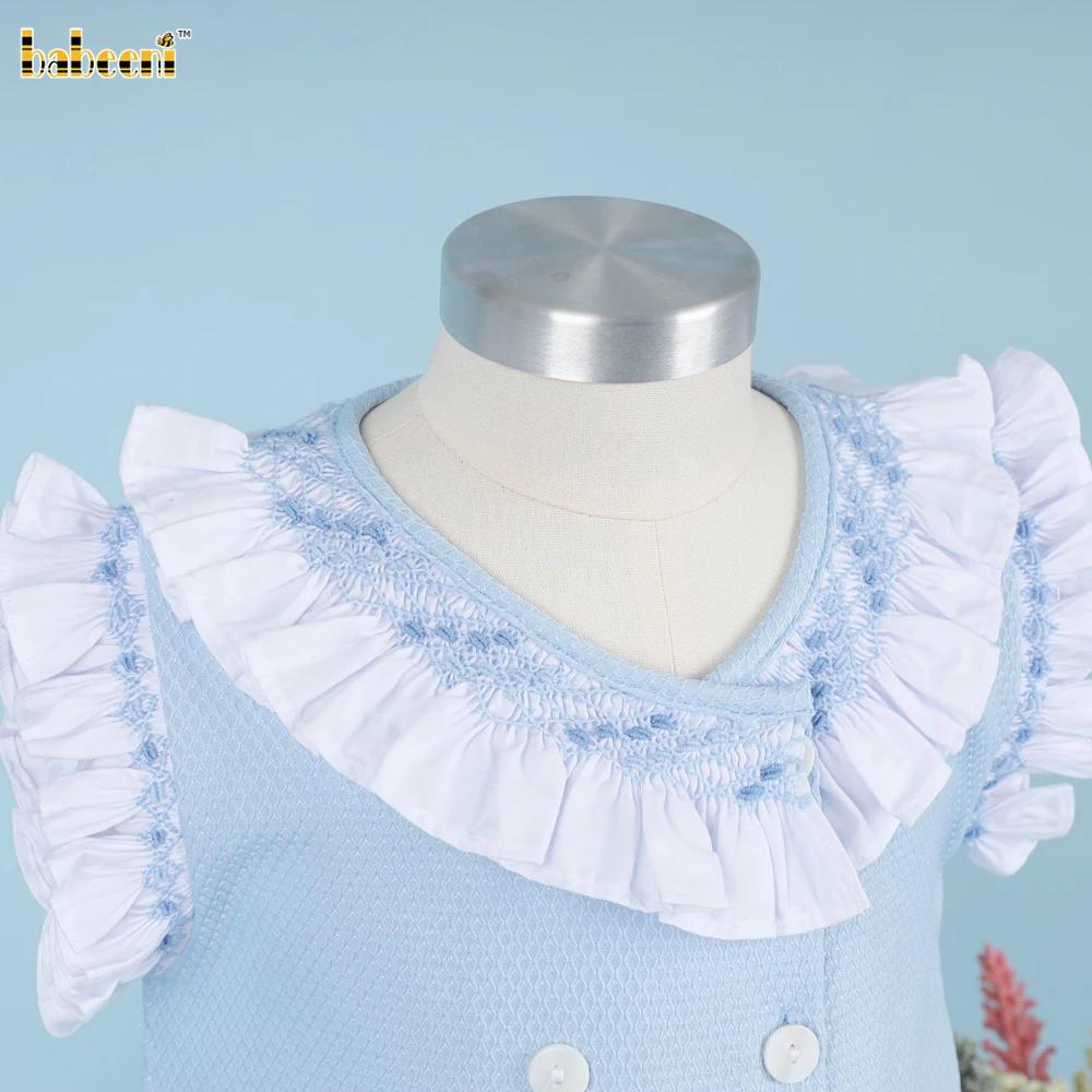 Girl Geometric Smocked Dress In Blue OEM ODM kids smocked baby dress smocked girl dress kids clothing wholesale - DR3802