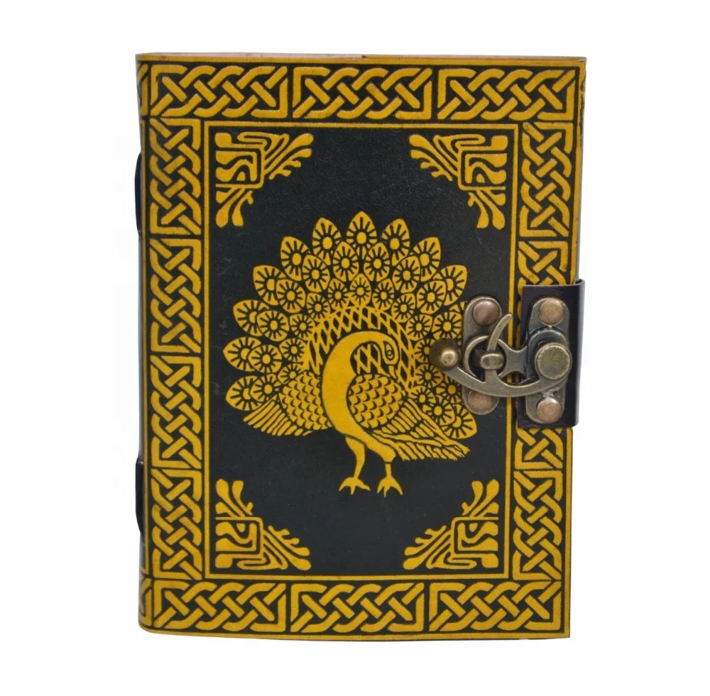 Yellow Peacock Embossed Handmade Genuine Leather Journal Travelers Diary Writing Hardcover Notebook Gifts For Men And Women