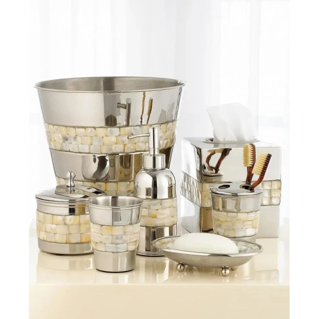 Luxury 5 pieces Bathroom accessories Tray Box Vase Dispenser Metal accessories set for Bathroom or washroom use