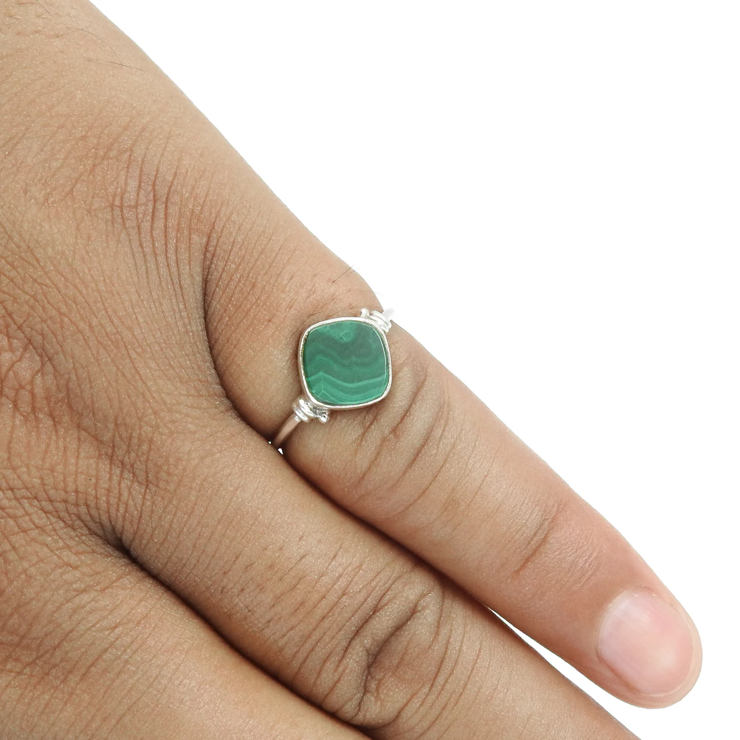 Natural Green Malachite Gemstone 925 Sterling Silver Cushion Shape Ring For Woman Girls Handmade Jewelry Wholesale Factory Price