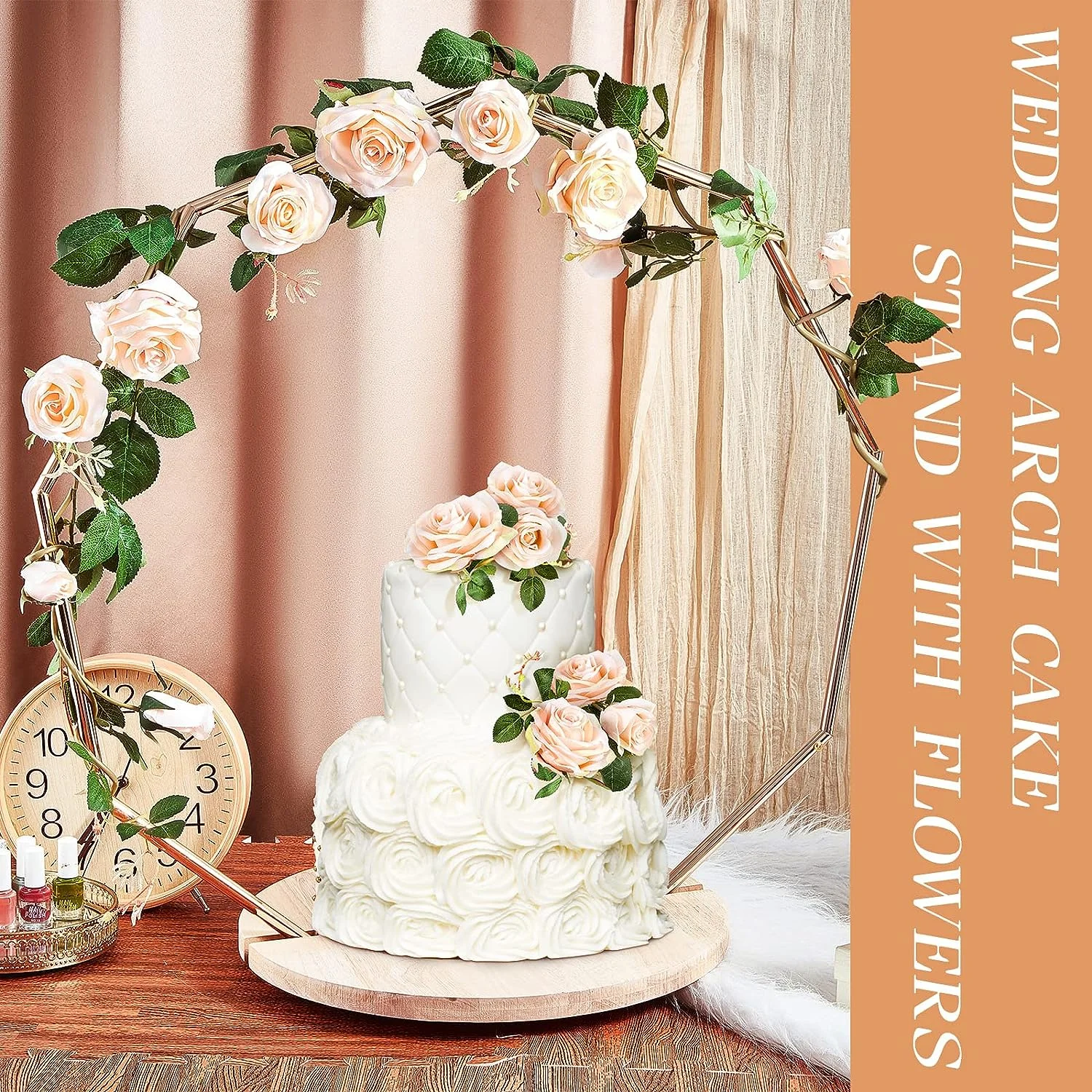 Chunlei OEM Puesto de pasteles Wedding Arch Cake Stand with Artificial Pink Rose Garland Geometric Gold Wedding Cake Stand