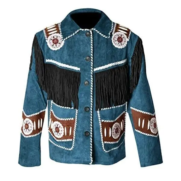 High Top Quality Fringed & Beaded Original Cow Suede Leather Western Style Men Cheap Cowboy Leather Jacket