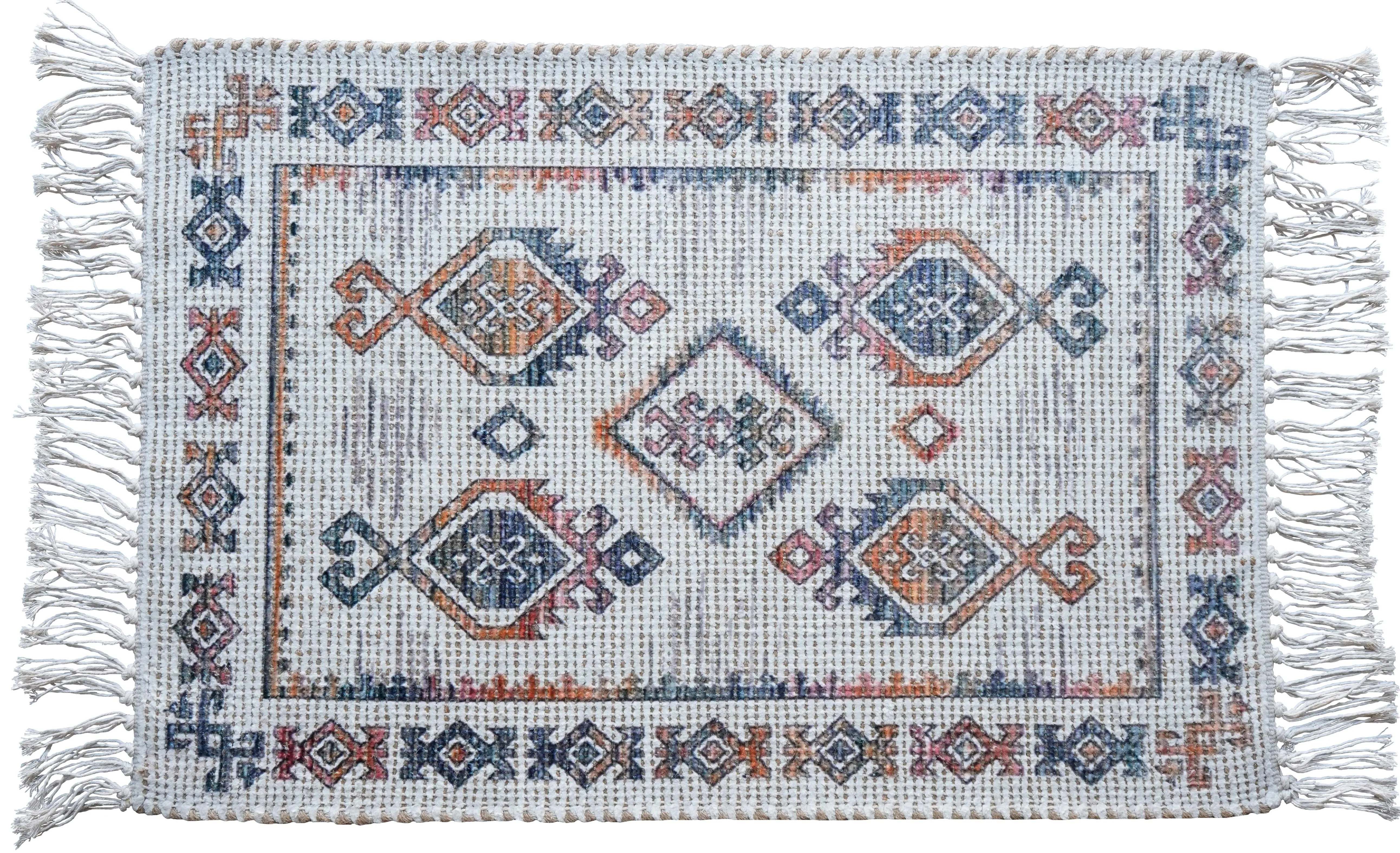 Handwoven Printed Cotton Jute Polyester Chenille Flat Pile Boho Rug for Colorful and Textured Home Decor