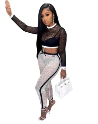 Hot Sell 2022 Autumn European Beauty Ladies Lace Mesh Clothing Two Piece 2 Pcs Womens Set