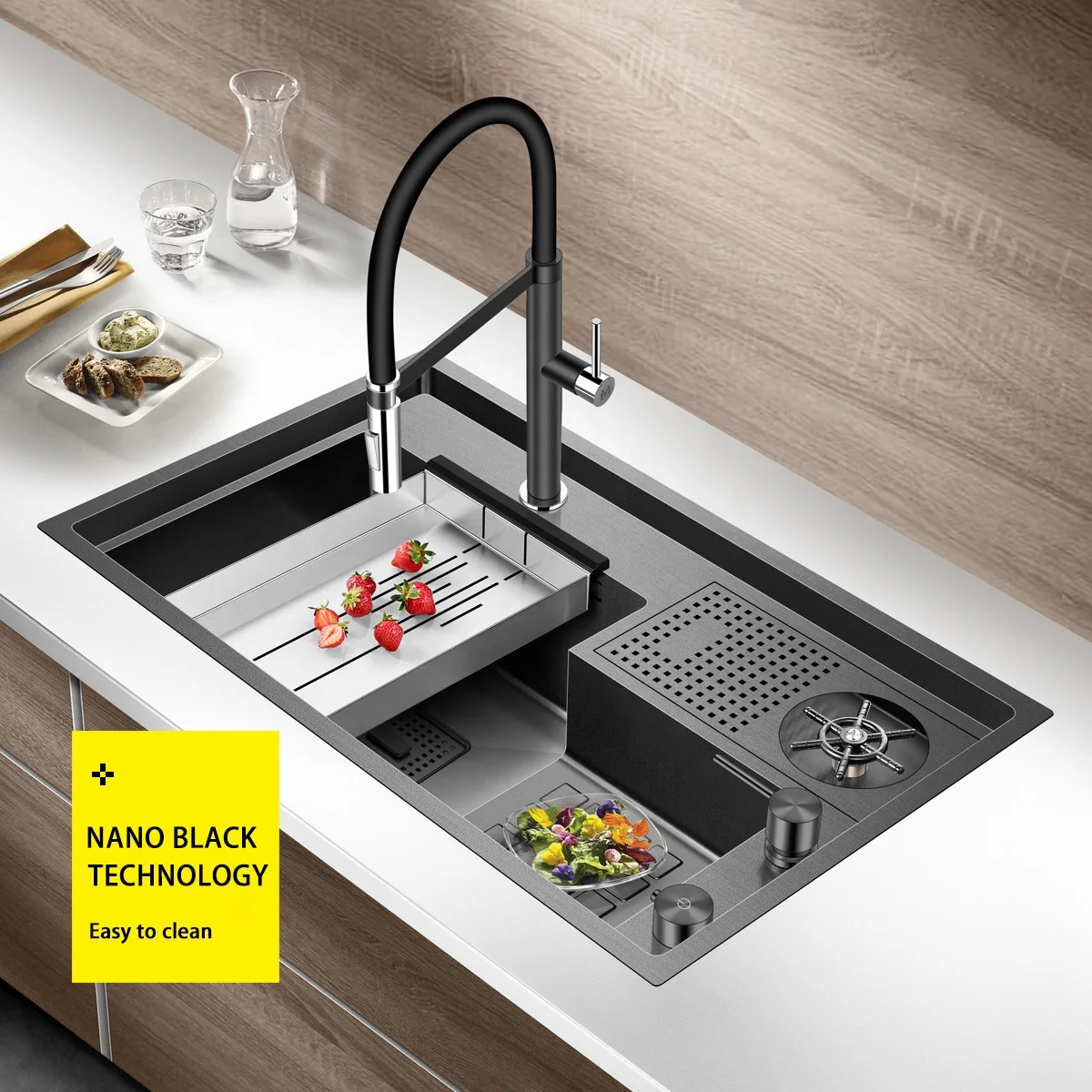 Hot Cold Faucet Drain Auto Single Washing Basin 304 Stainless Steel Cabinet Bar Single Basin Black Nano Step Kitchen Sink