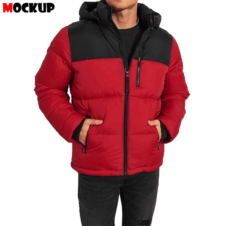 OEM custom high quality winter jacket color block zip fastening thick men bubble puffer jacket