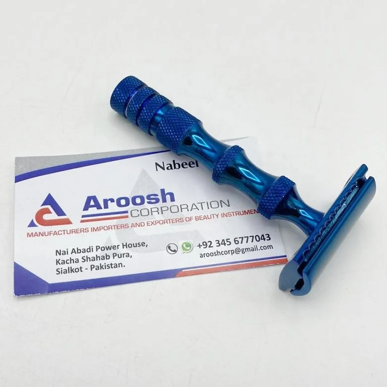 Plasma Blue Titanium Stainless Steel 3 Piece Double Edge Safety Razor For Men Shaving Kit