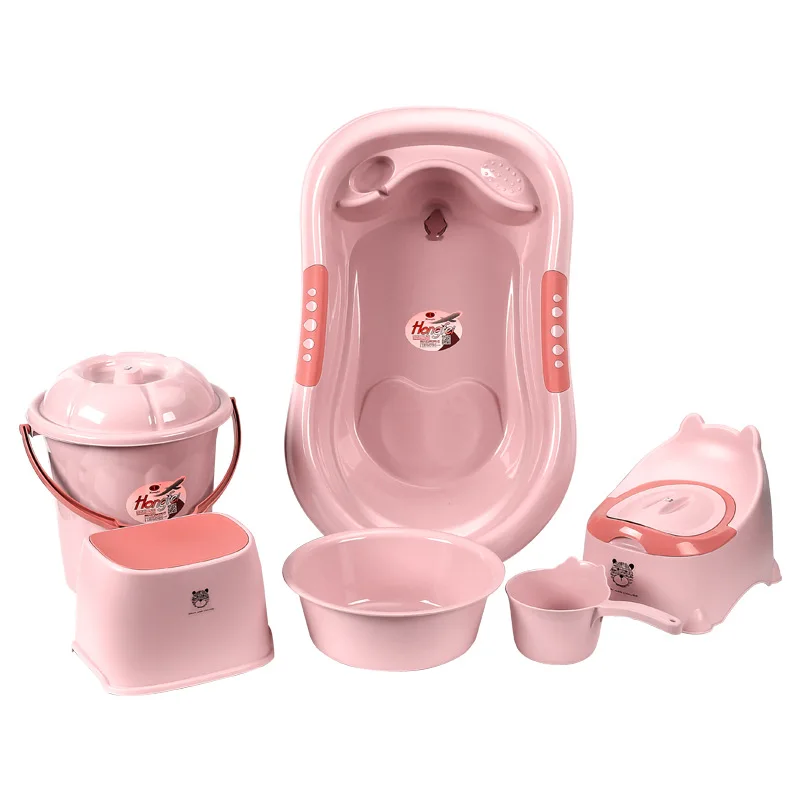Factory OEM/ODM Plastic Baby Bath Tub Set Have Basin Water Bucket Scoop Chair Potty Laundry Basket Rack