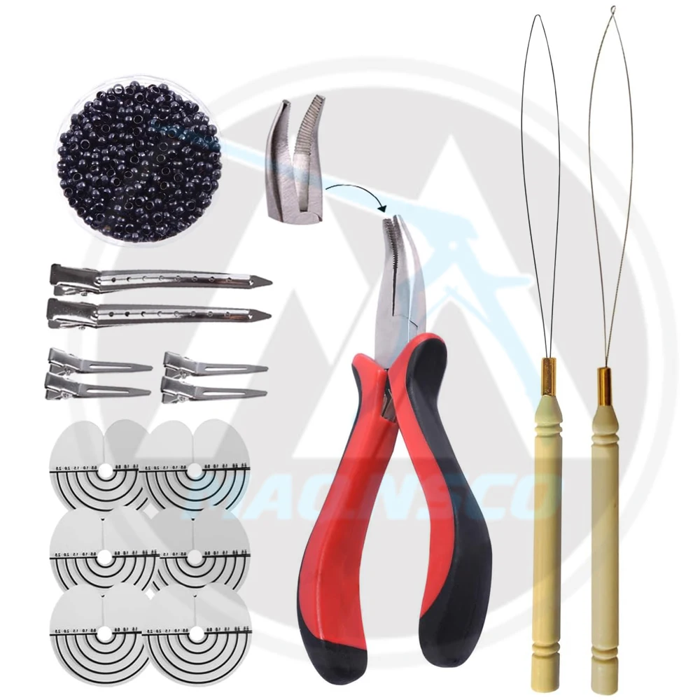 Hair Extensions Kit: I-tip Hair Pliers Pulling Needle Loop Threader and 500 Pieces 2.5mm Hair Extension Nano Beads Rings (Black)