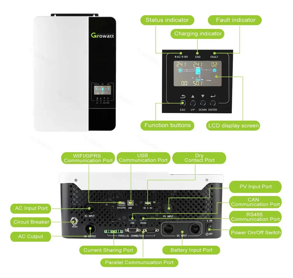 Growatt SPF 5000 ES Hybrid Solar Power Inverter 48V DC 230V AC 5000W Off-Grid Single Phase with Dual Output Type