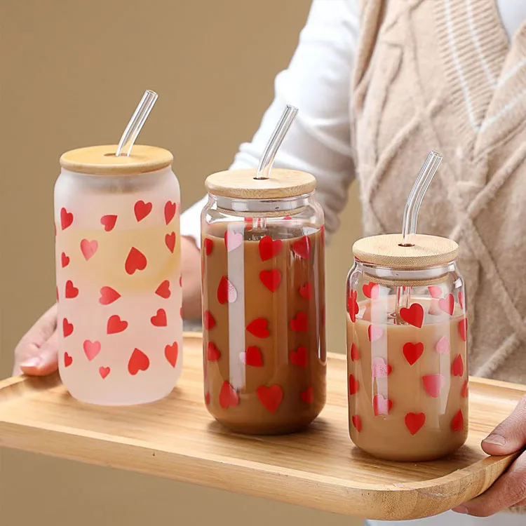 16Oz Can Shaped Glass Cup Beer Ice Coffee Glass Tumbler Cup Drinking Glass Cup with Bamboo Lids and Straw