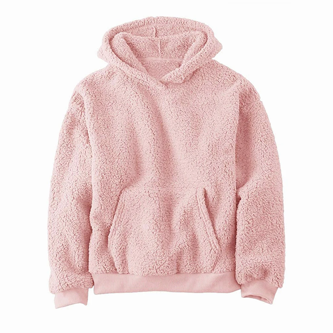 Stylish Pullover Sherpa Hoodies For Gents Plus Size Pink Color Kangaroo Pocket Winter Wear Sweatshirts