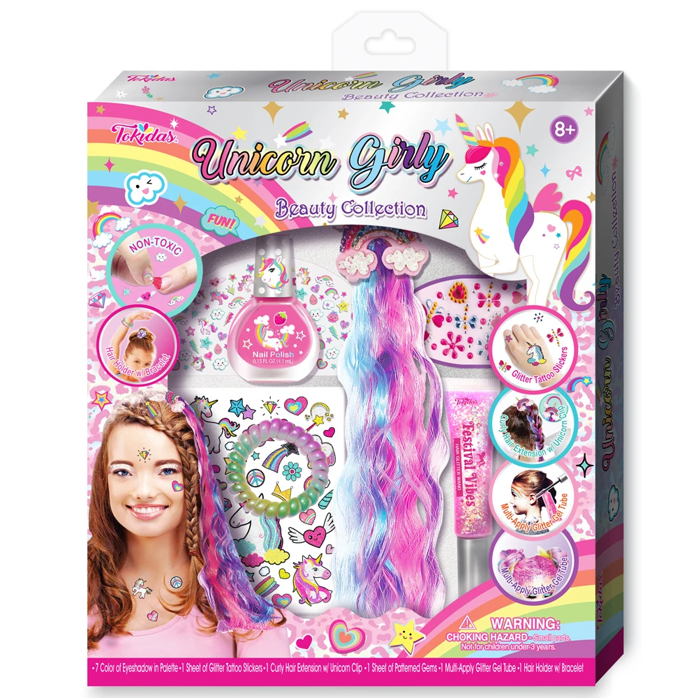 2024 Kids Makeup Set Unicorn Girly Beauty Nail Playing Tattoo Sticker Clip in Hair Extension Stickers Kids Toys
