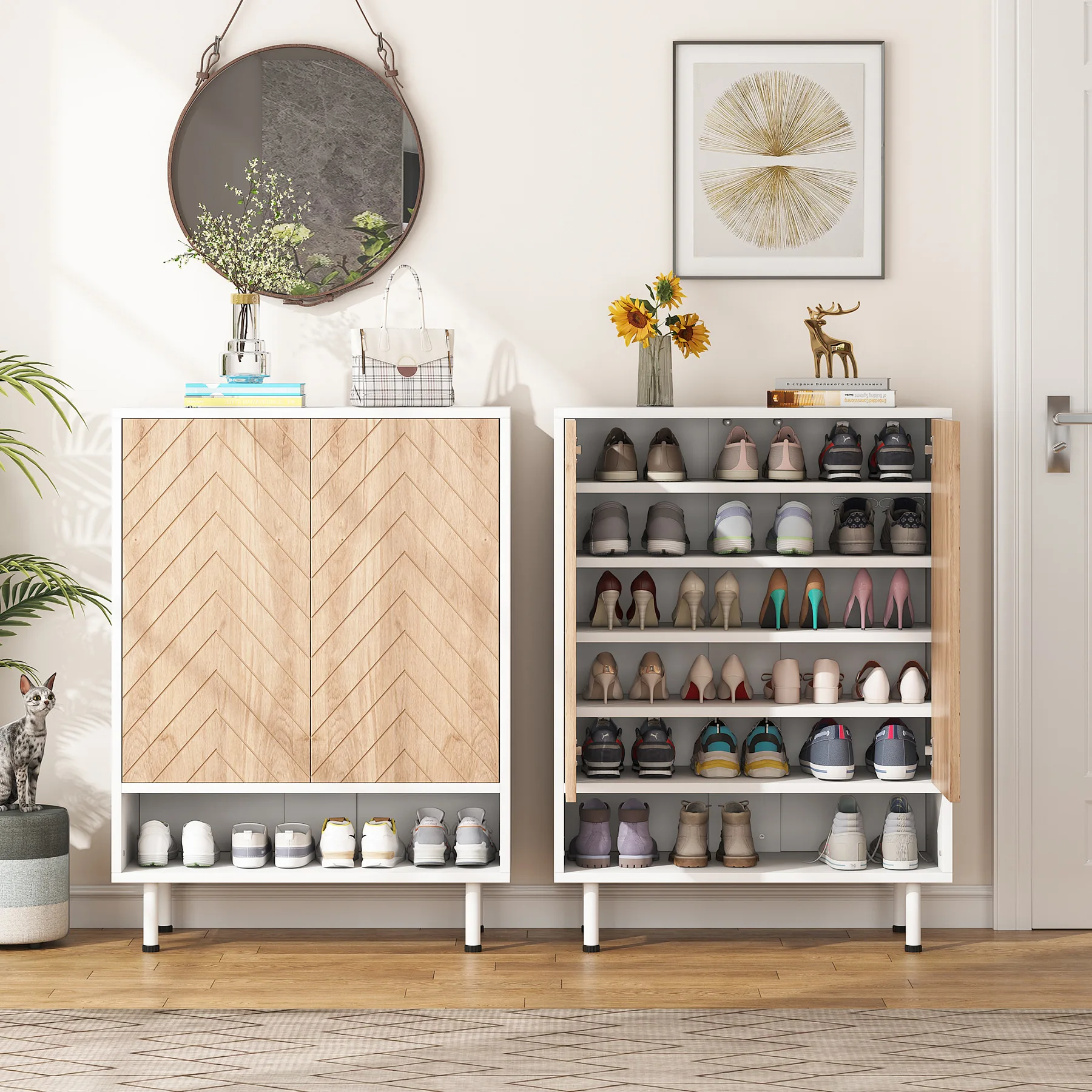 Wood Grain Luxury Modern Shoe Cabinet Living Room Shoe Rack 6-Tier Storage Closet With Door for Entryway