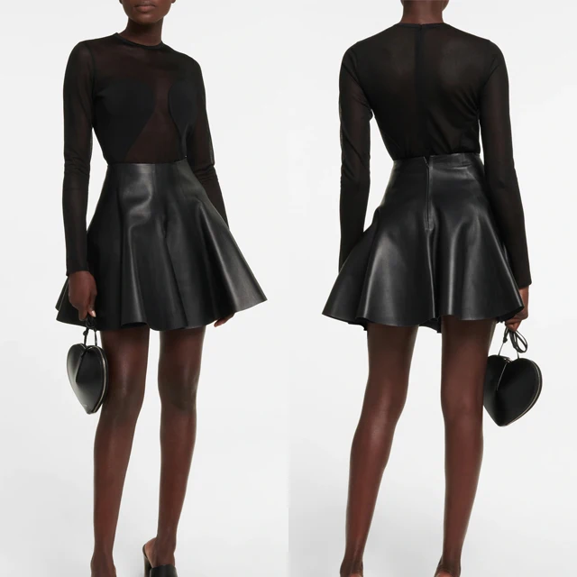 Spring Autumn Women Black 100% Leather  Cotton Skirts High Waist Club Line Solid Color Mini Skirts Plus Size Leather Skirt