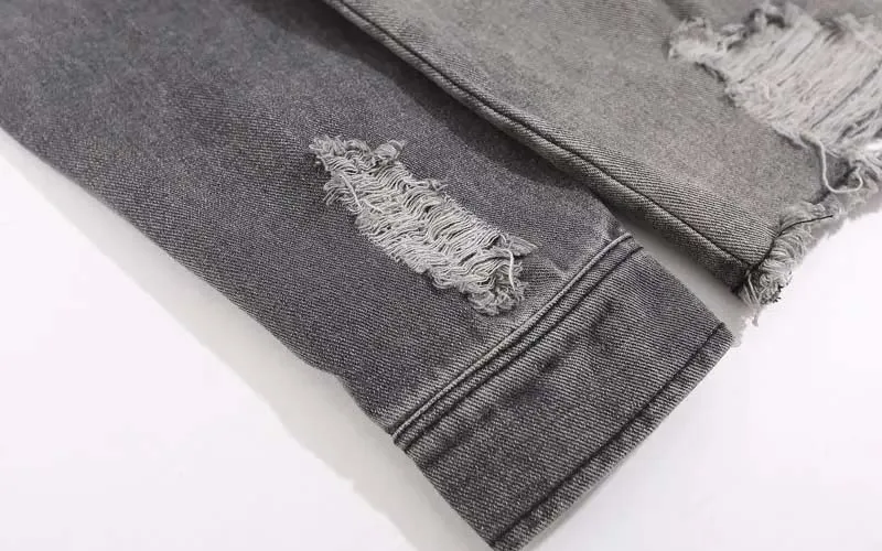 Custom Streetwear Ripped Embroidery Letter Distress Denim Jacket Hoodie Drop Shoulder Vintage Washed Denim Tears Hoodie For Men