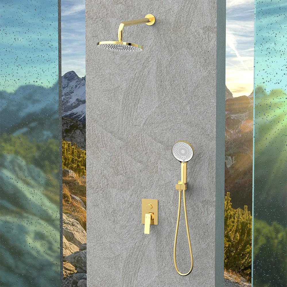 In-Wall Rainfall Concealed Shower System Brass Gold Mixer Round Hand Shower Set