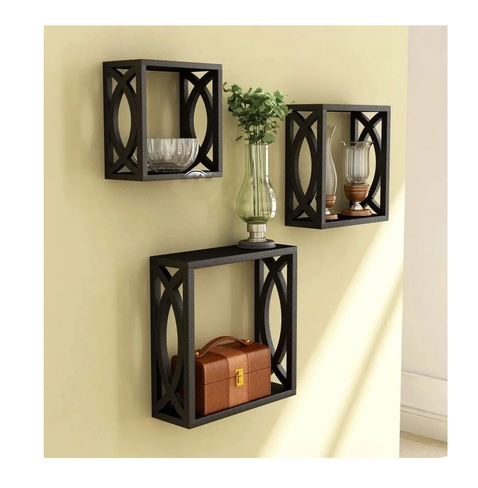 New design wood wall shelf handicraft 3 compartment and square shape wood wall shelf at wholesale price