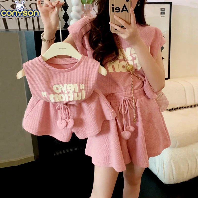 Conyson hot sale korea fashion Summer Baby solid waffle tank top shorts Outfit Girl Children Clothes Kids 2-piece clothing Set
