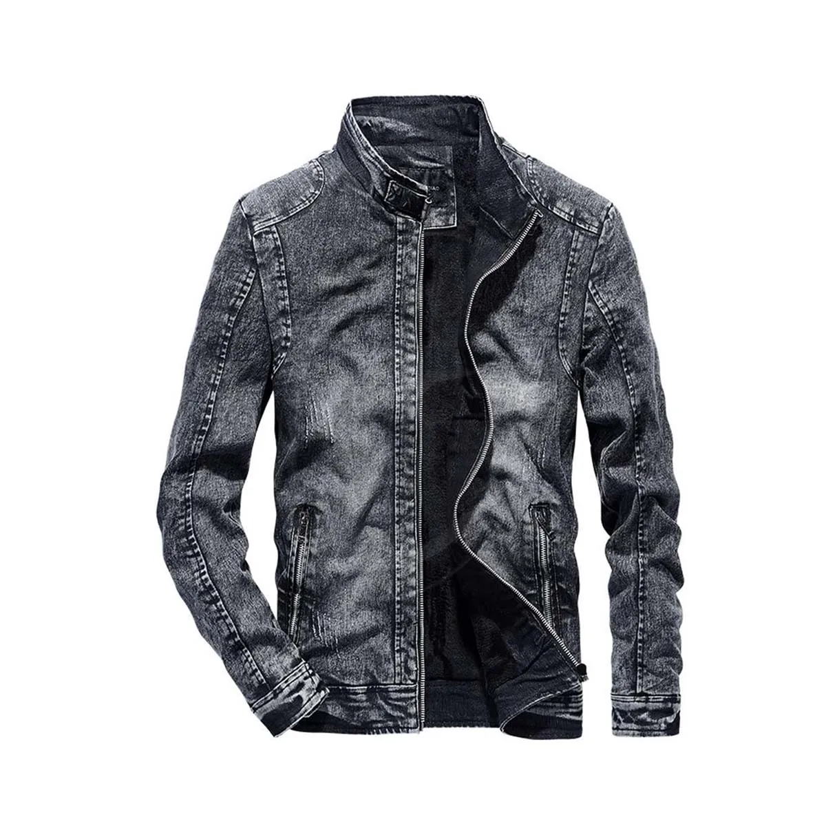 Men Casual Distressed Fleece Lined Denim Jacket Motorcycle Full Zip Up Jean Jacket winter thick denim jacket for men