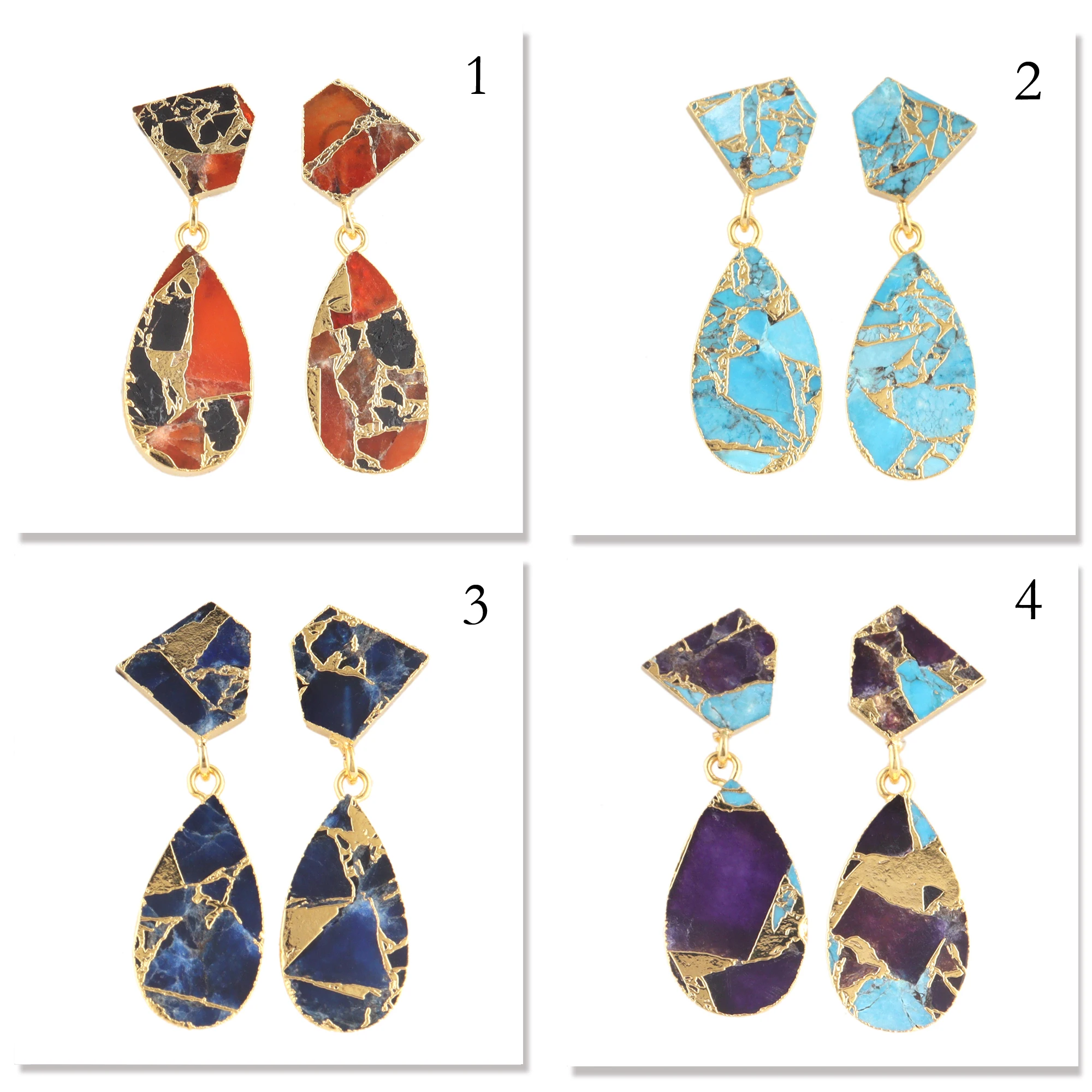 2023 New Trendy Mohave Sky Blue Copper Turquoise Double Stone Stud Dangle Earrings 24k Gold Plated Push Back Teardrop Earrings