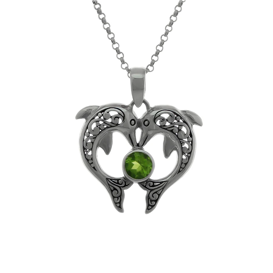 925 Sterling Silver Twin Dolphins Pendant with Peridot