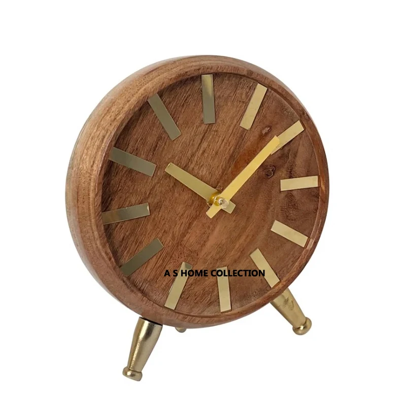natural wood round shape golden numbers high selling home office use table clocks