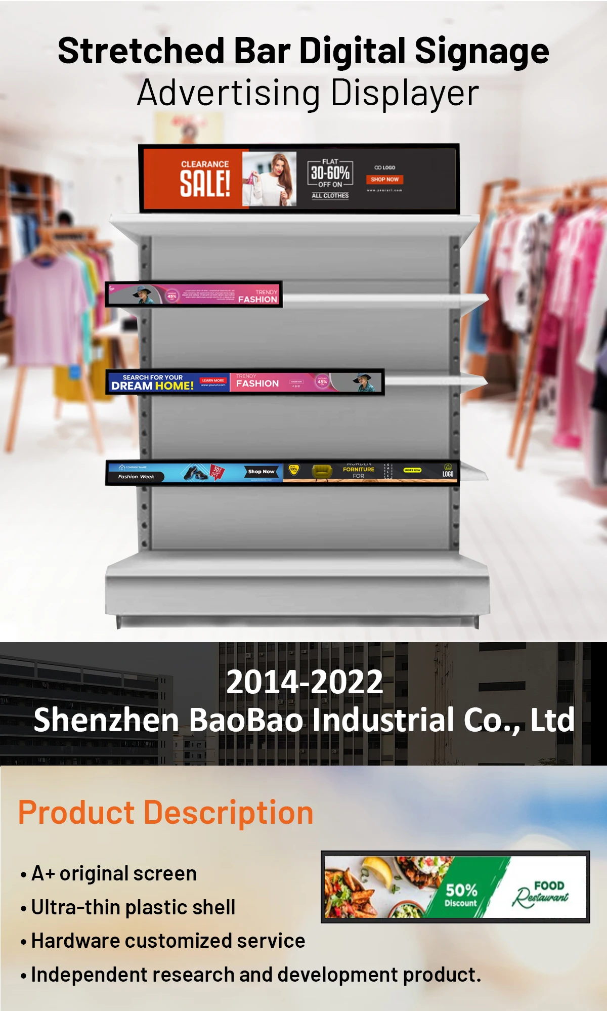 48 inch Stretch Bar LCD Advertising Display Deliver Dynamic Information with High-Resolution