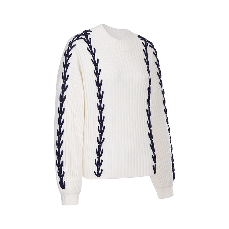 Knitwear manufacturers custom fall winter color contrast jacquard round neck long sleeve loose knitted korean sweaters for women