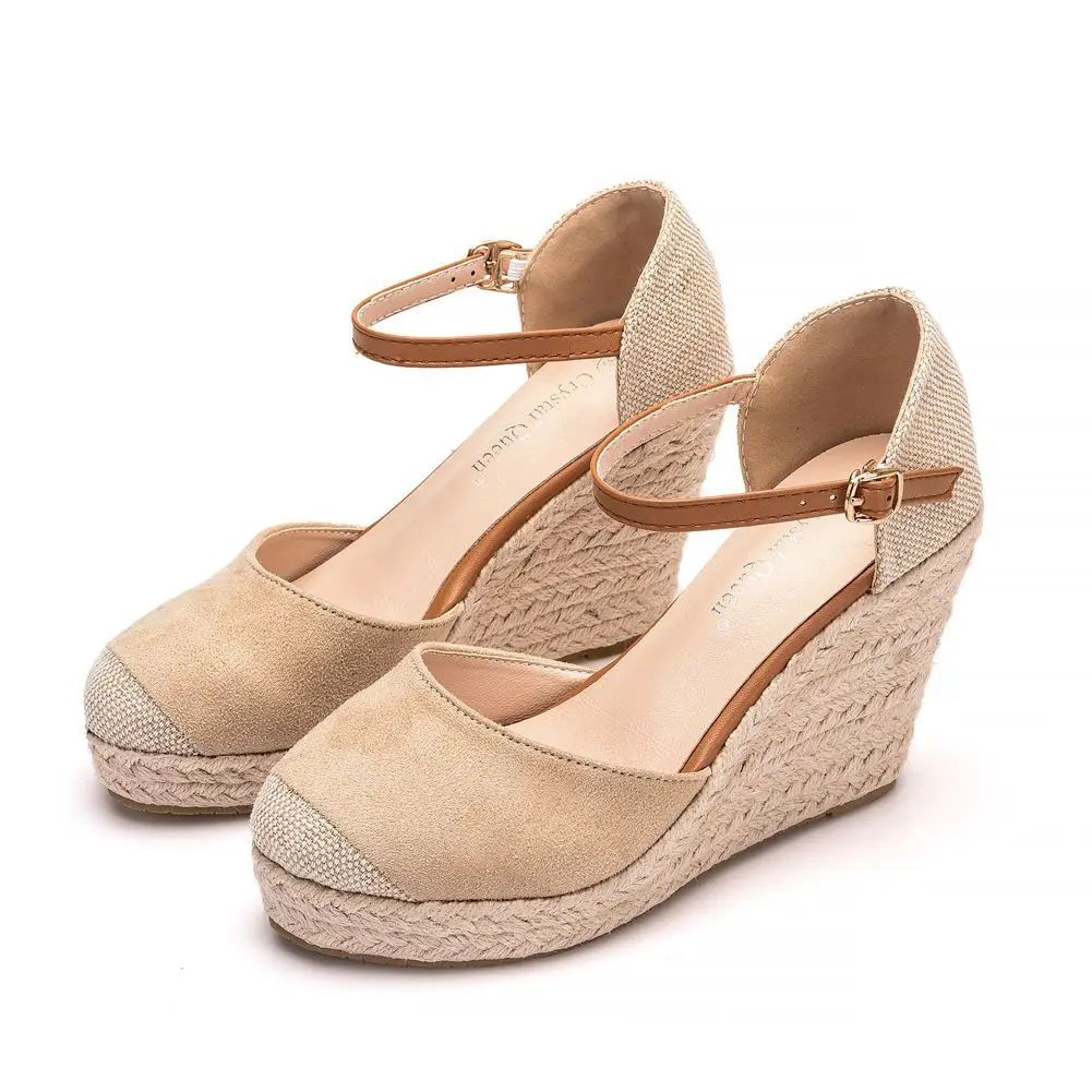 Custom Logo OEM Jute Sole Women Espadrille Shoes Round Toe Ankle Strap Wedge Sandals