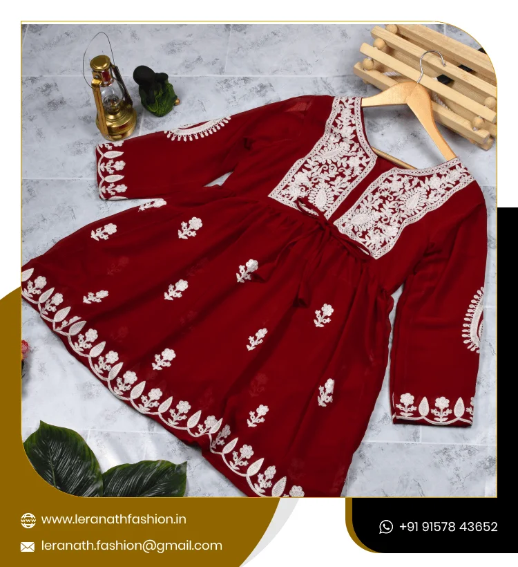 Full Sleeve Gown With Dupatta Set in Chikan Work Designer Kurti Indian Ethnic Wear Women Kurtis