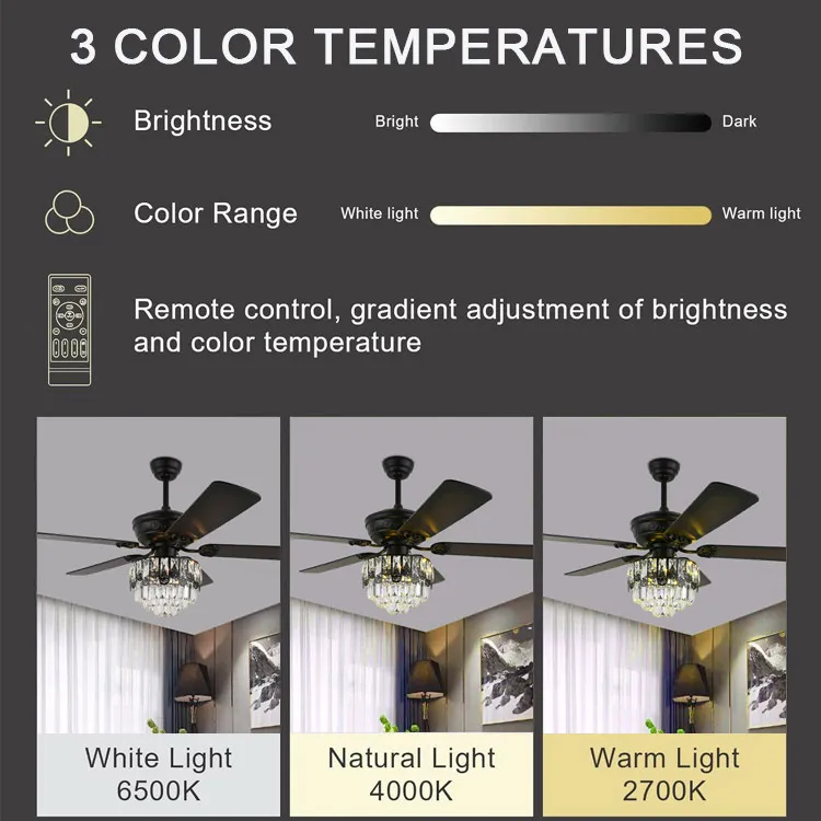 Black 5 Dual Sided Reversible Blades Contemporary Crystal Ceiling Fan Light Color Changing Indoor Silent Chandelier Ceiling Fan