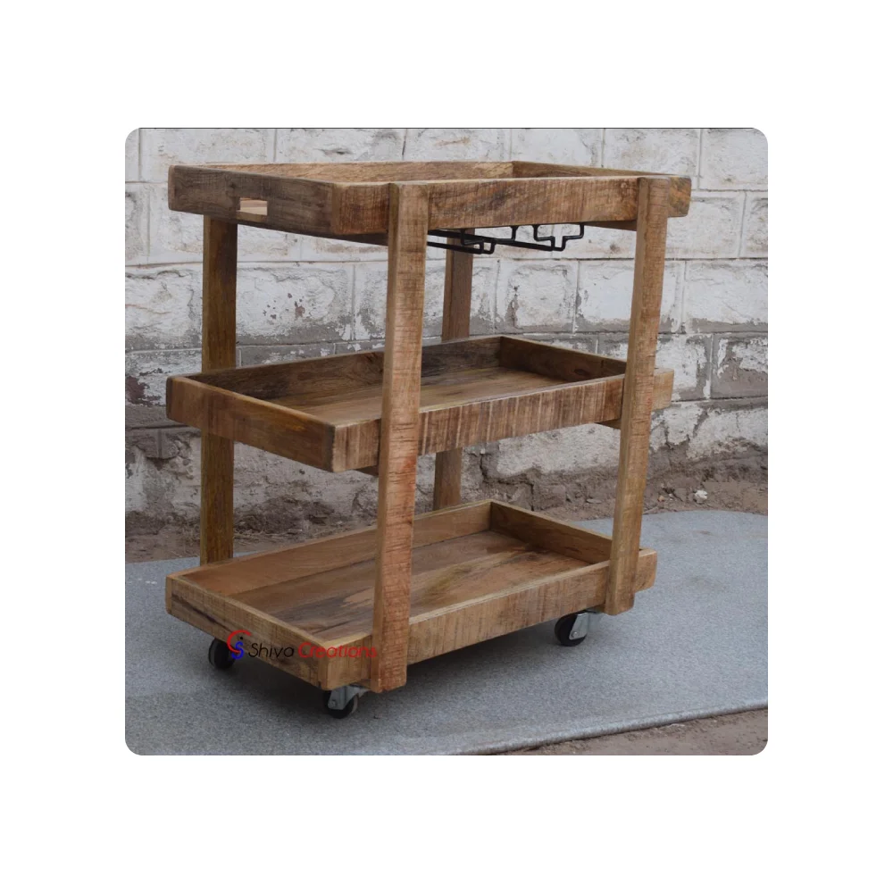 Modern Design Antique Rustic Wooden Trolley Bar Cabinet With Wheels Mango Wood Furniture Indoor Modern Wood Furniture
