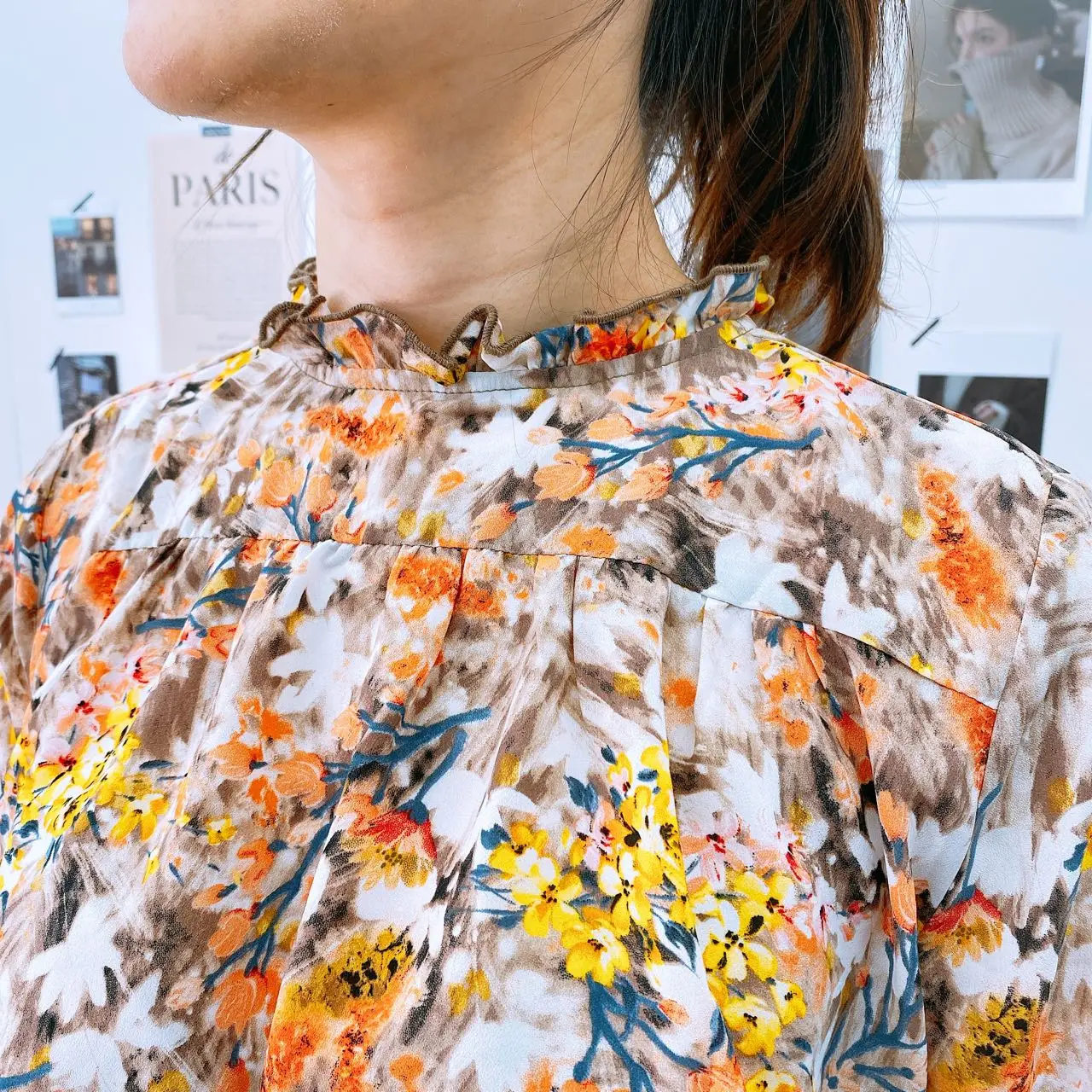 Women autumn and winter ruffle collar  long sleeve dress chiffon flower print woven waistseam slim fit casual long dress lady