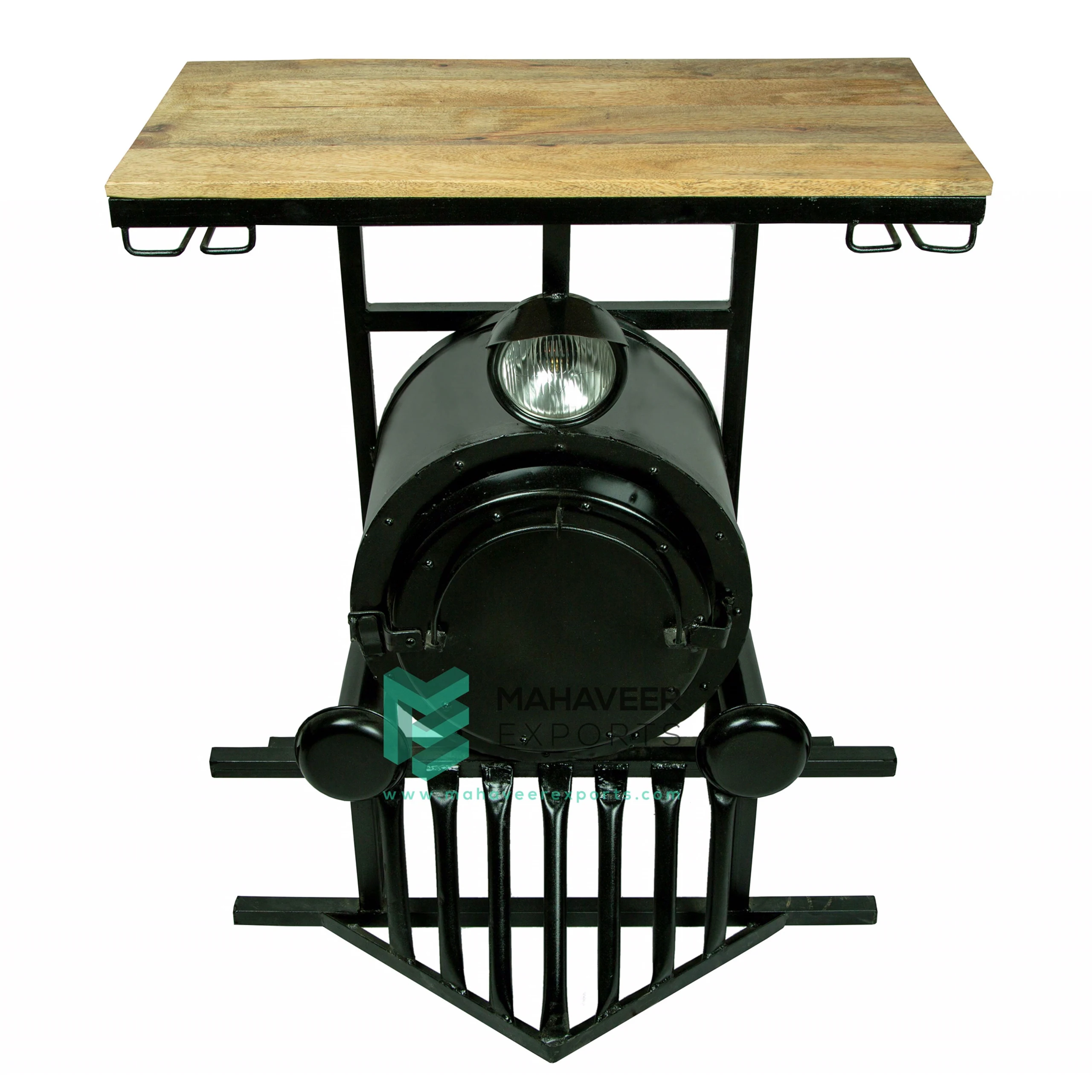 Vintage Train Engine Style Wooden & Iron Truck Bar Table With Wine Bottle Holder For Home / Cafe / Bar / Restaurant Furniture
