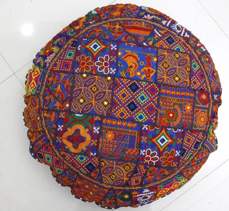Indian Patchwork Floor Cushion Cover Handmade Gujarati Round Pillow Cover Embroidered Large Living Room Decor Pillow Cover